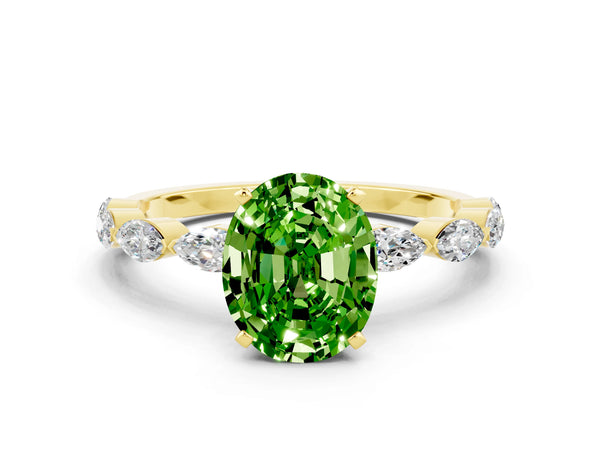 Yellow gold Oval Cut Peridot Ring with Marquise Side Stones and Prong Setting
