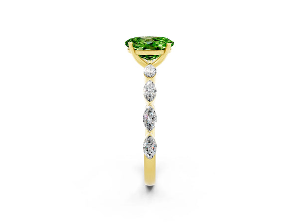 Yellow gold Oval Cut Peridot Ring with Marquise Side Stones and Prong Setting