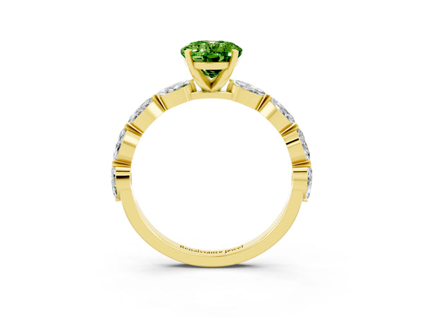 Yellow gold Oval Cut Peridot Ring with Marquise Side Stones and Prong Setting