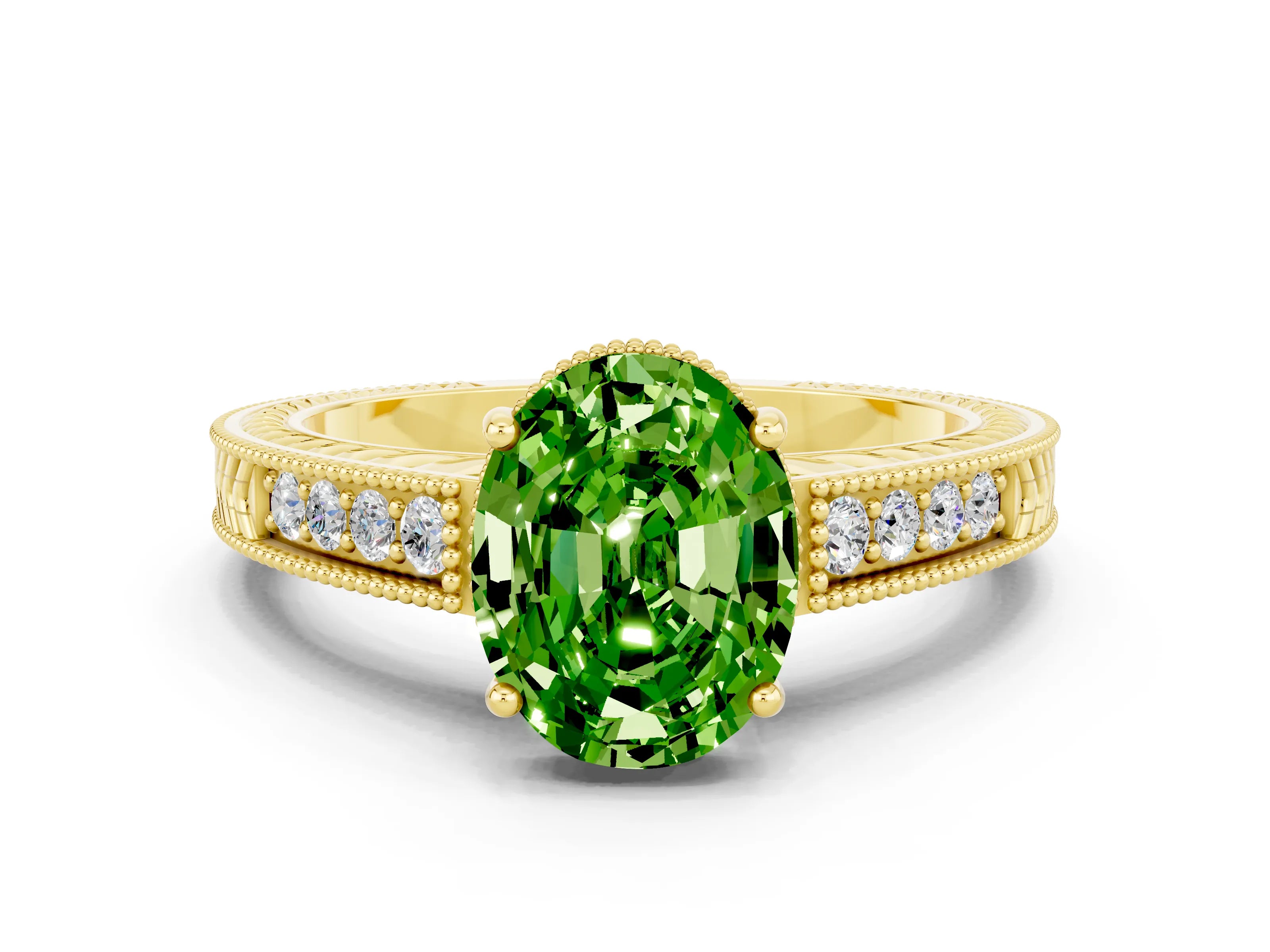 Yellow gold Oval Cut Peridot Ring with Milgrain Pavé Band and Four-Prong Setting_12