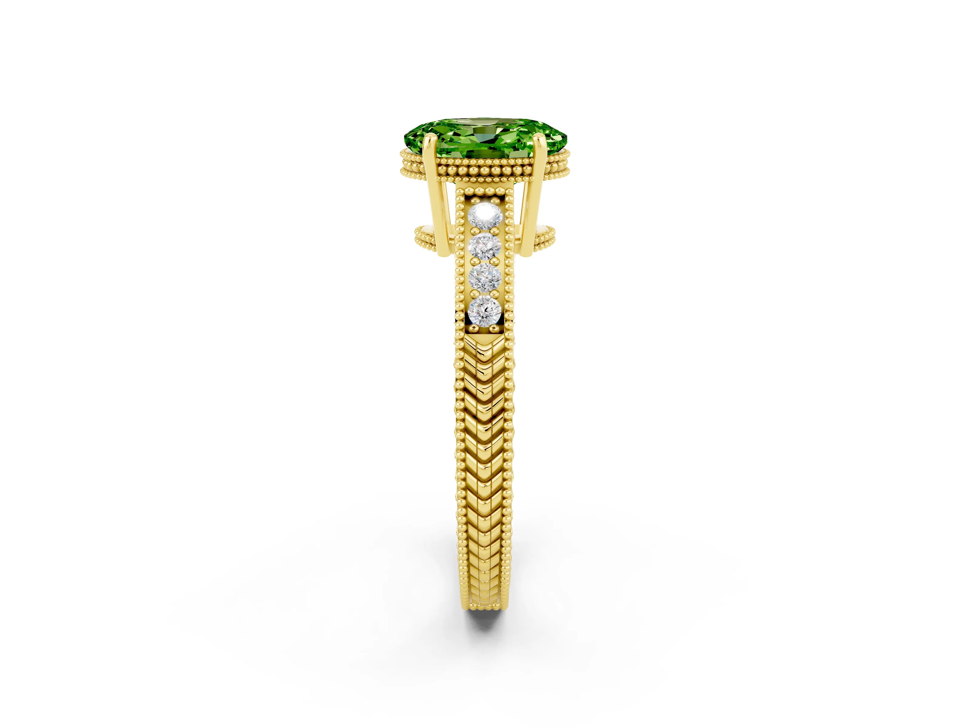 Yellow gold Oval Cut Peridot Ring with Milgrain Pavé Band and Four-Prong Setting_14