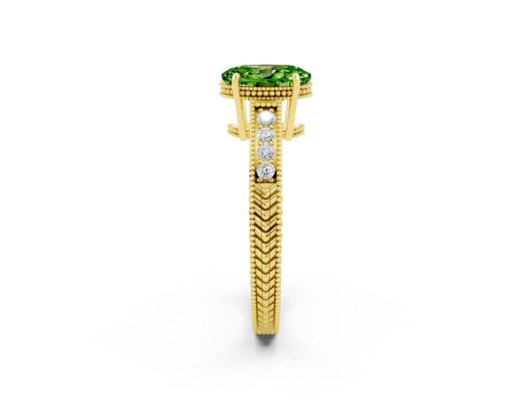 Yellow gold Oval Cut Peridot Ring with Milgrain Pavé Band and Four-Prong Setting