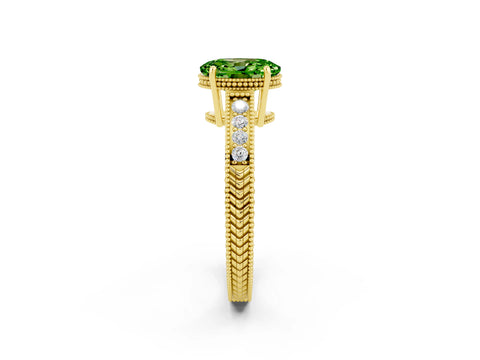 Yellow gold Oval Cut Peridot Ring with Milgrain Pavé Band and Four-Prong Setting_14