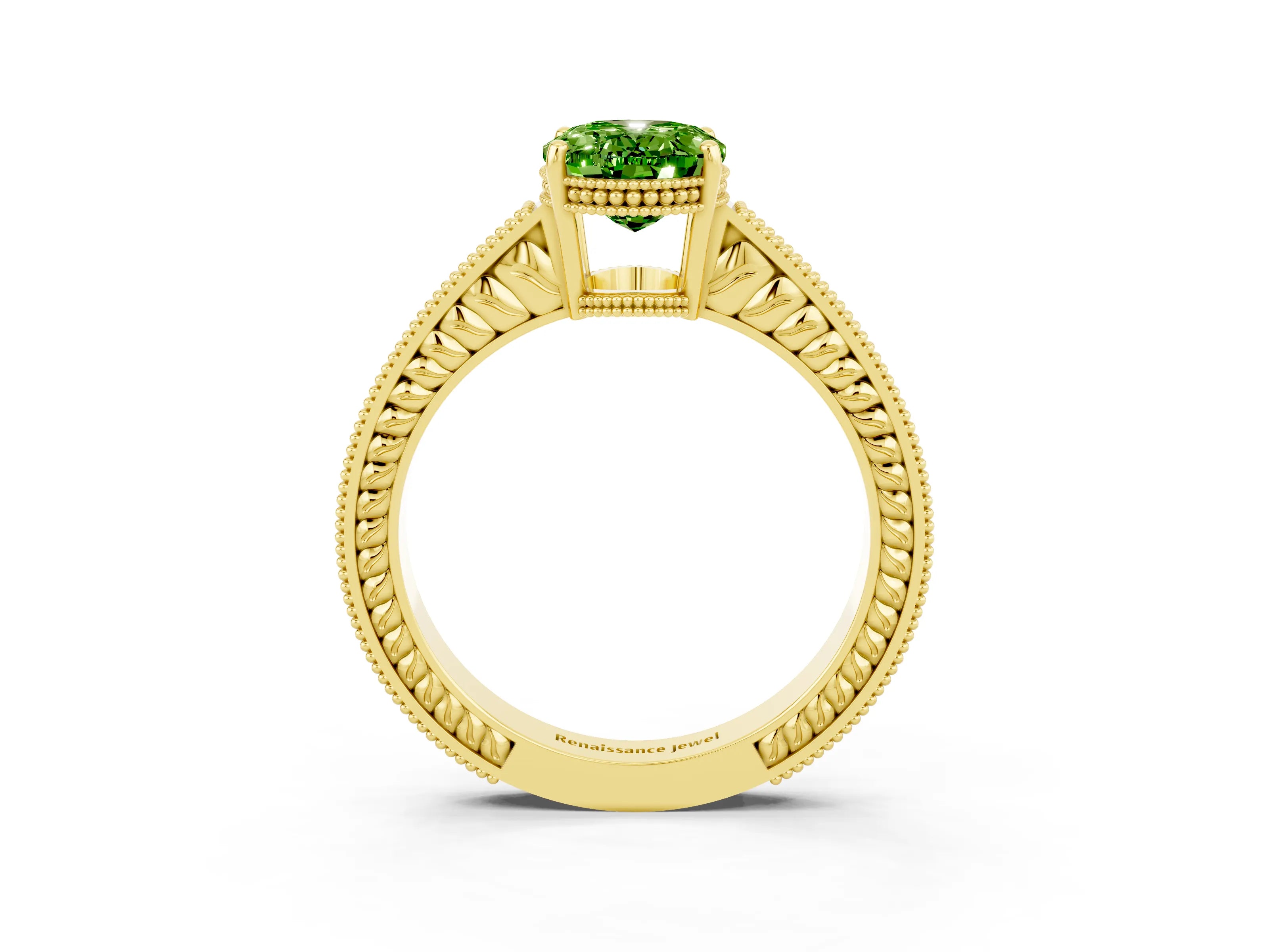 Yellow gold Oval Cut Peridot Ring with Milgrain Pavé Band and Four-Prong Setting_15