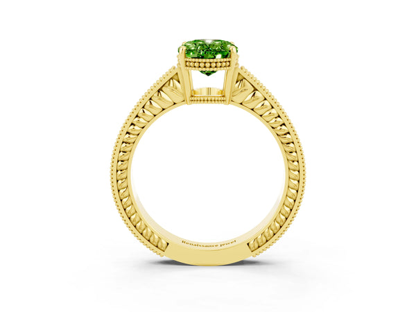 Yellow gold Oval Cut Peridot Ring with Milgrain Pavé Band and Four-Prong Setting