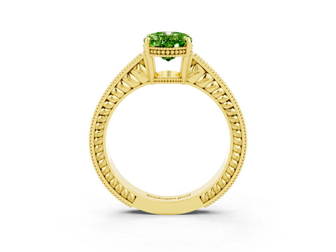 Yellow gold Oval Cut Peridot Ring with Milgrain Pavé Band and Four-Prong Setting_15