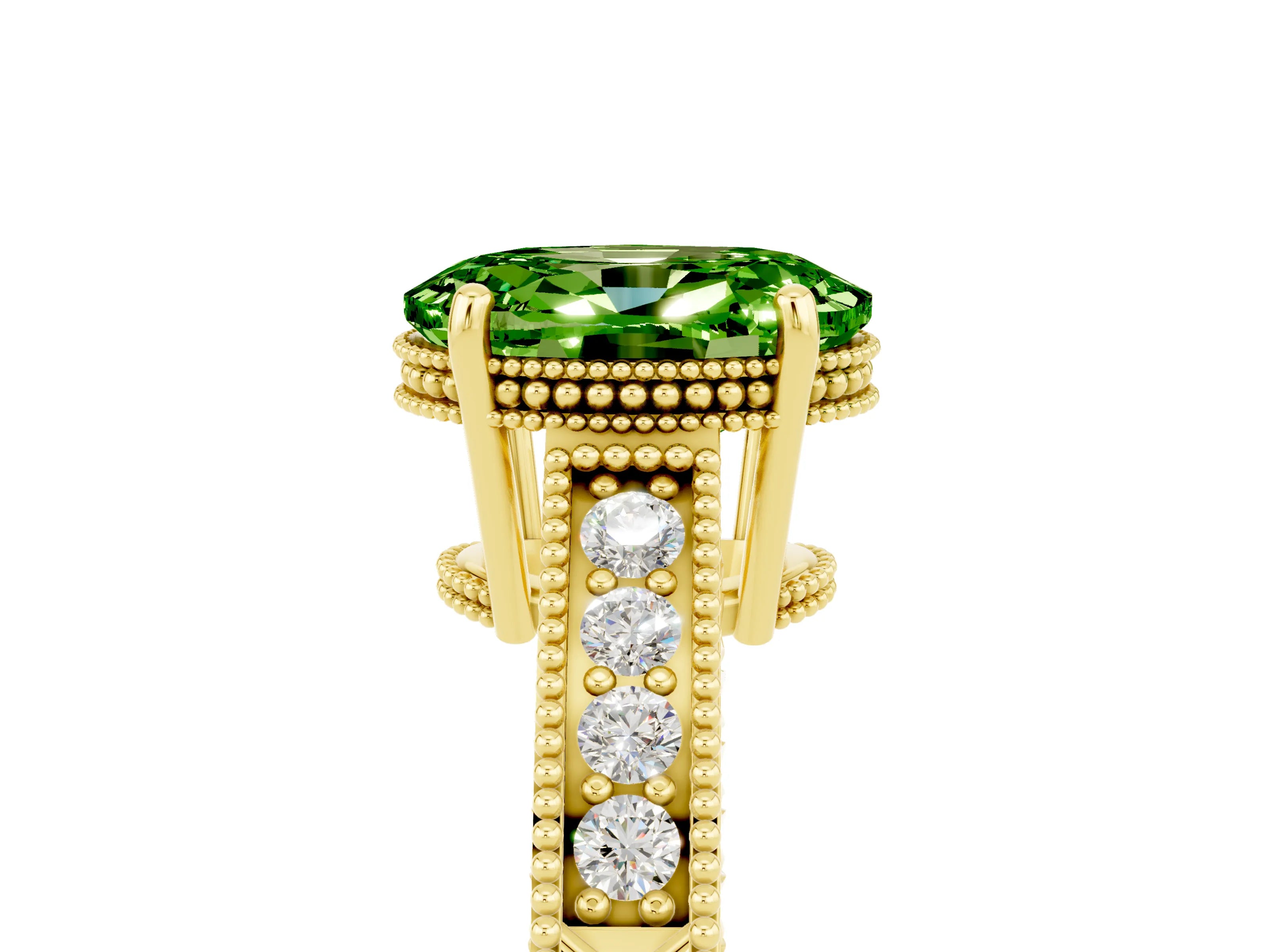 Yellow gold Oval Cut Peridot Ring with Milgrain Pavé Band and Four-Prong Setting_17