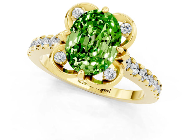 Yellow gold Oval Cut Peridot Ring with Pavé Band and Floral Prong Setting