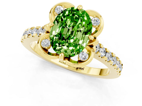 Yellow gold Oval Cut Peridot Ring with Pavé Band and Floral Prong Setting_1