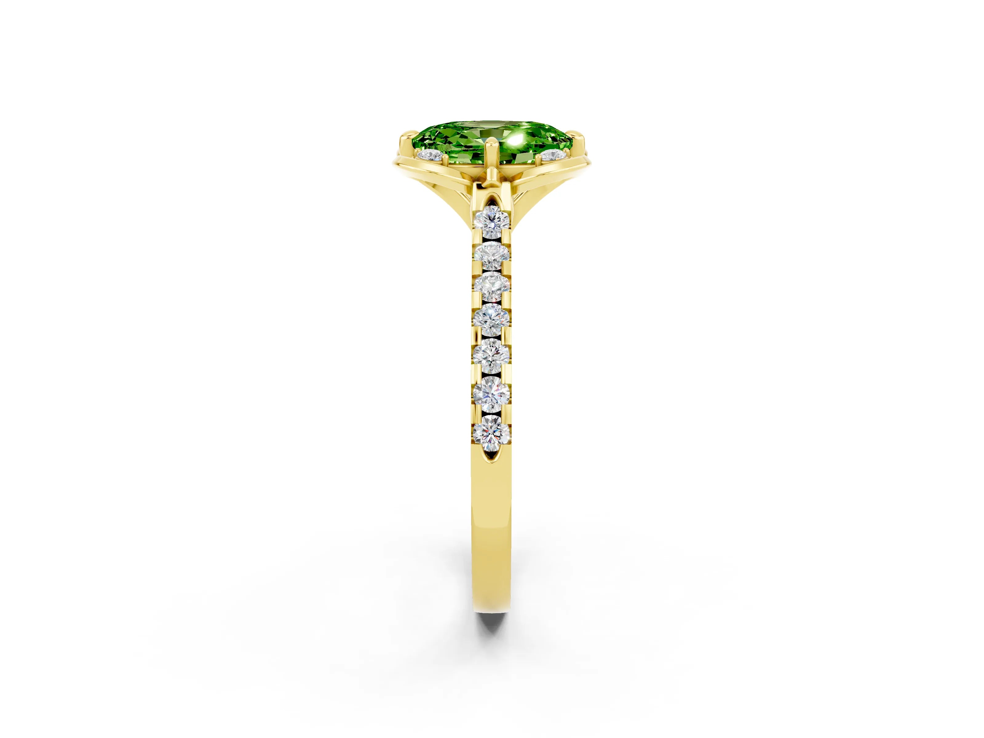 Yellow gold Oval Cut Peridot Ring with Pavé Band and Floral Prong Setting_2