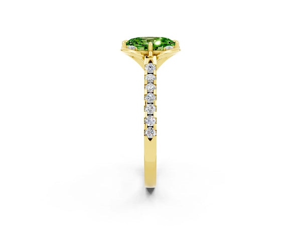 Yellow gold Oval Cut Peridot Ring with Pavé Band and Floral Prong Setting