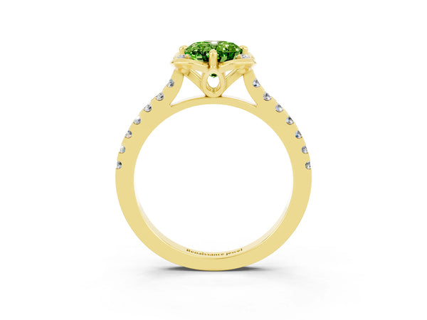 Yellow gold Oval Cut Peridot Ring with Pavé Band and Floral Prong Setting