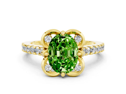 Yellow gold Oval Cut Peridot Ring with Pavé Band and Floral Prong Setting