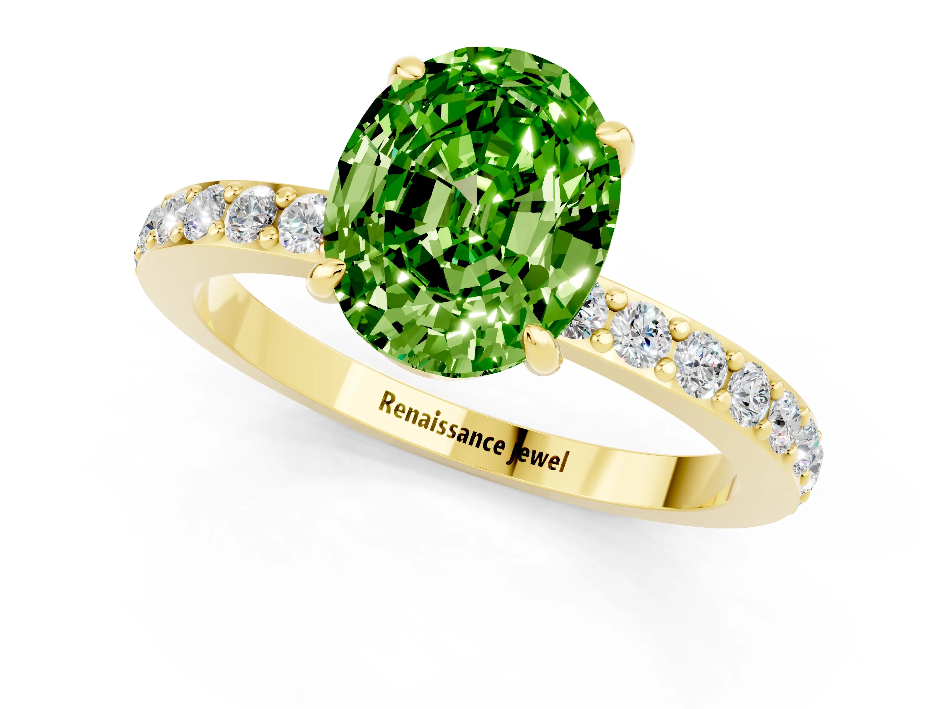 Yellow gold Oval Cut Peridot Ring with Pavé Band and Four-Prong Setting_1