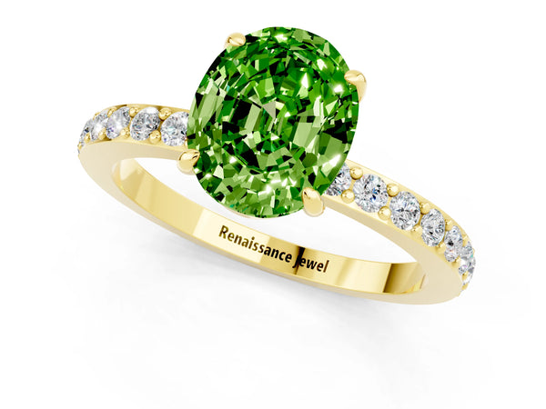 Yellow gold Oval Cut Peridot Pavé Engagement Ring with Round  Accents and Prong Setting