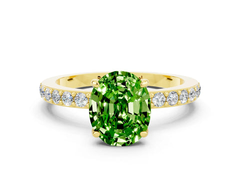 Yellow gold Oval Cut Peridot Ring with Pavé Band and Four-Prong Setting