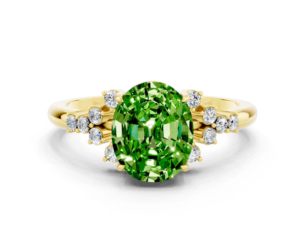Yellow gold Oval Cut Peridot Ring with Side Stones and Four-Prong Setting