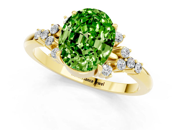 Yellow gold Oval Cut Peridot Ring with Side Stones and Four-Prong Setting