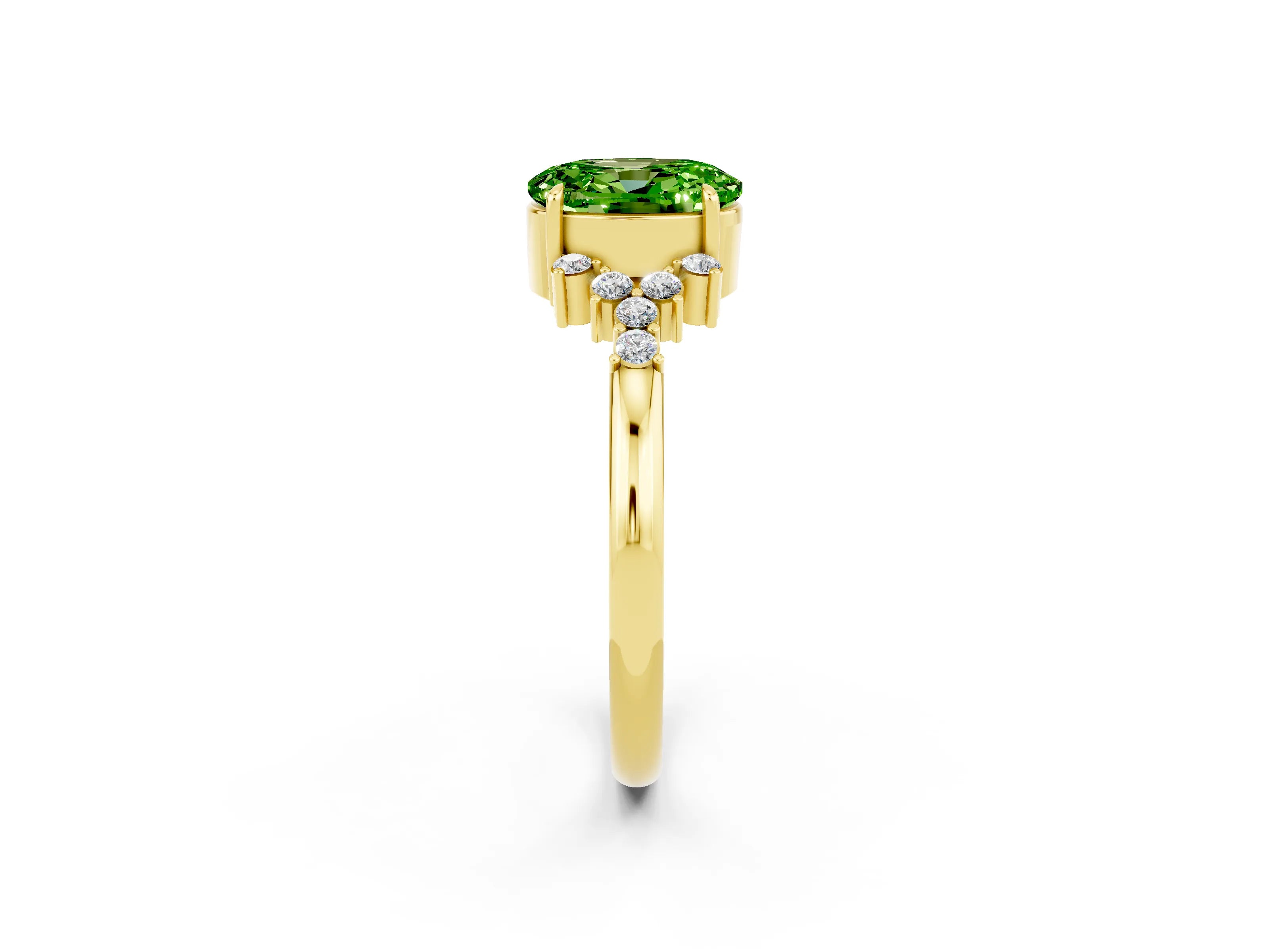 Yellow gold Oval Cut Peridot Ring with Side Stones and Four-Prong Setting_74