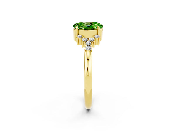 Yellow gold Oval Cut Peridot Ring with Side Stones and Four-Prong Setting