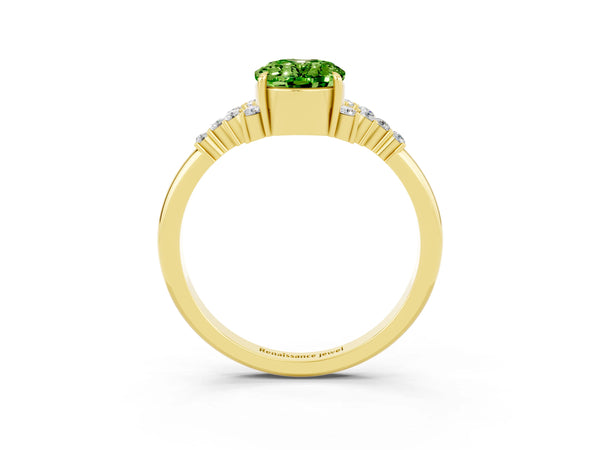 Yellow gold Oval Cut Peridot Ring with Side Stones and Four-Prong Setting