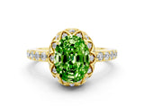 Yellow gold Oval Cut Peridot Scalloped Halo Engagement Ring with Round Shared Prong Band_12