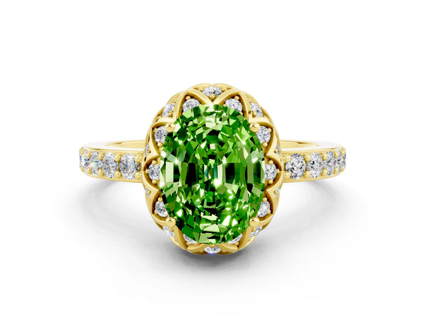 Yellow gold Oval Cut Peridot Scalloped Halo Engagement Ring with Round Shared Prong Band