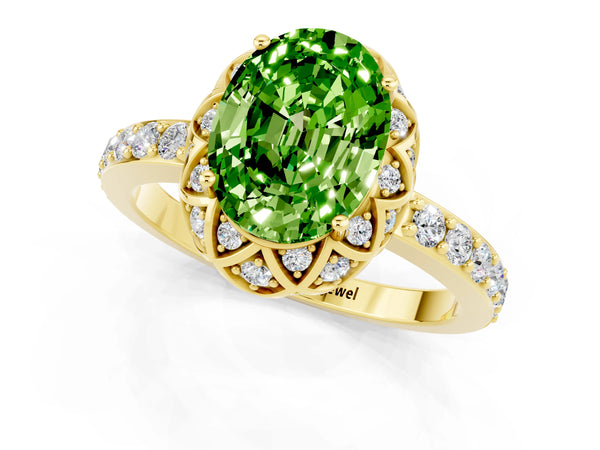 Yellow gold Oval Cut Peridot Scalloped Halo Engagement Ring with Round Shared Prong Band