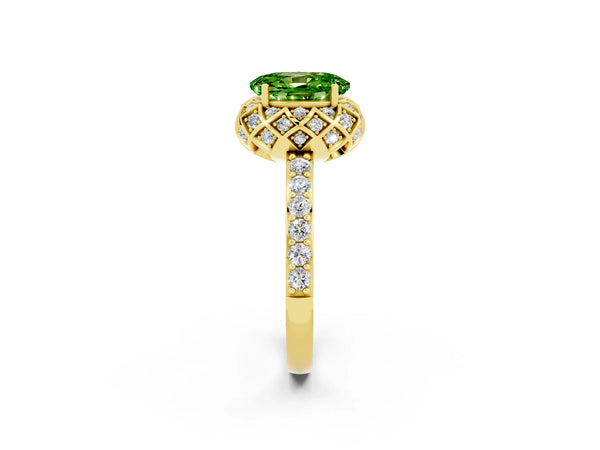 Yellow gold Oval Cut Peridot Scalloped Halo Engagement Ring with Round Shared Prong Band