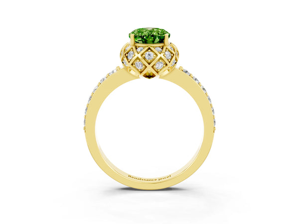 Yellow gold Oval Cut Peridot Scalloped Halo Engagement Ring with Round Shared Prong Band