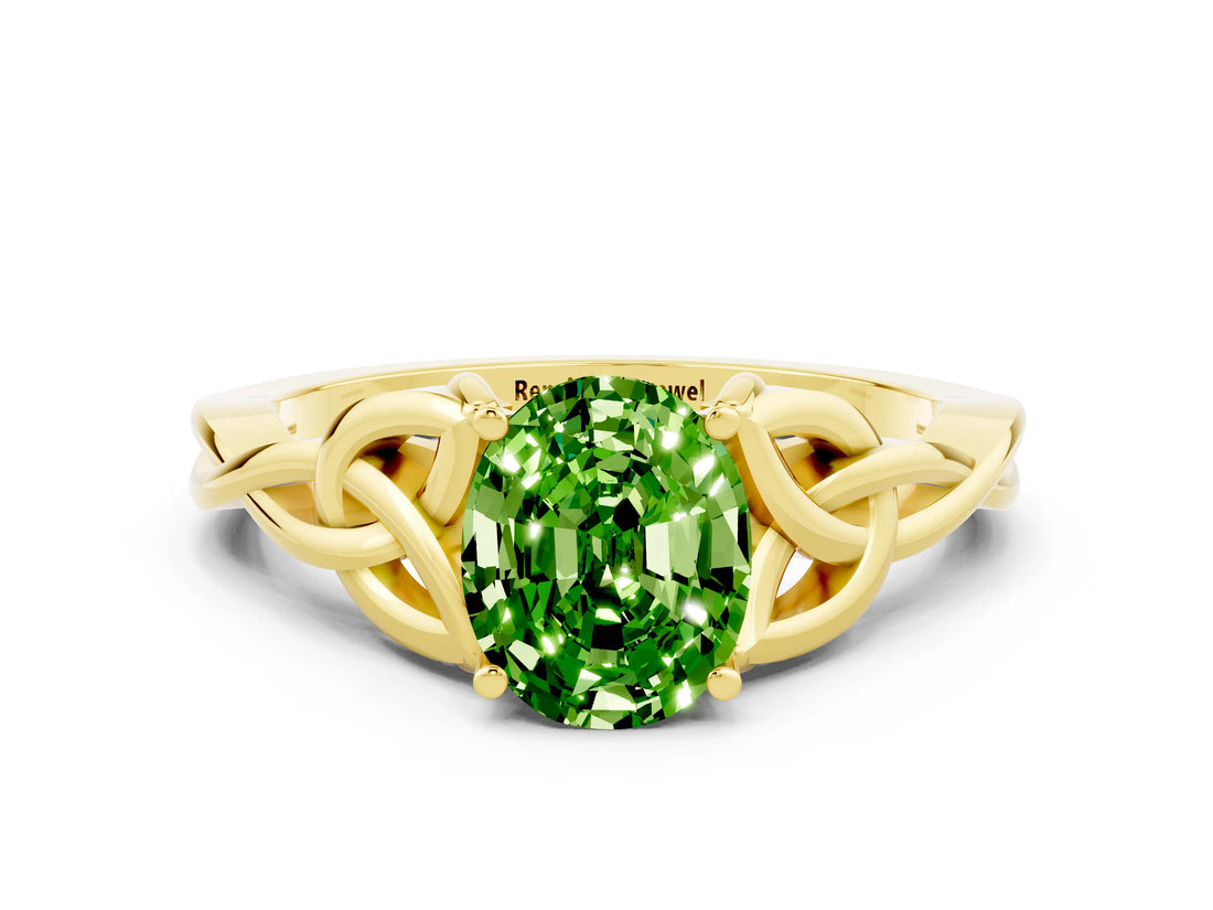 Yellow gold Oval Cut Peridot Solitaire Celtic Knot Ring with Four-Prong Setting_12