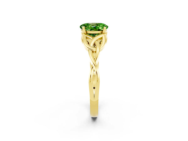 Yellow gold Oval Cut Peridot Solitaire Celtic Knot Ring with Four-Prong Setting