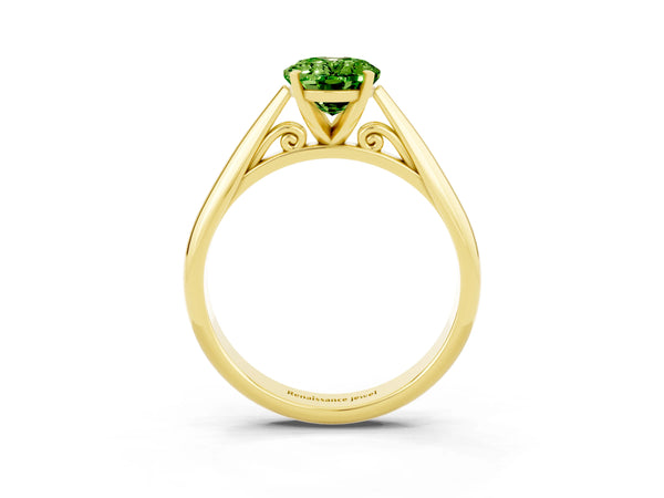 Yellow gold Oval Cut Peridot Solitaire Engagement Ring with Cathedral Setting and Four-Prong Mount