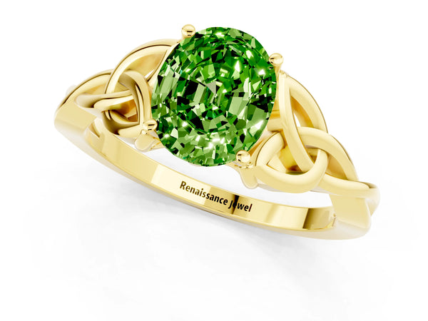 Yellow gold Oval Cut Peridot Solitaire Engagement Ring with Celtic Knot Band and Four-Prong Setting