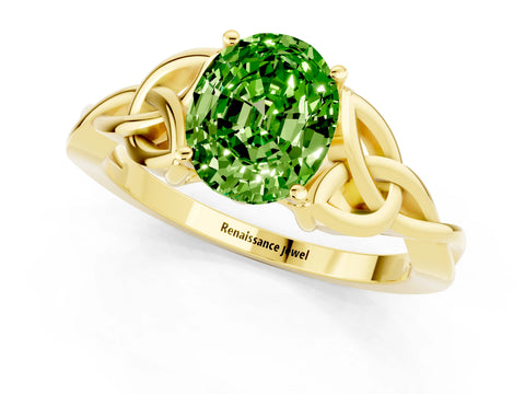 Yellow gold Oval Cut Peridot Solitaire Engagement Ring with Celtic Knot Band and Four-Prong Setting_1