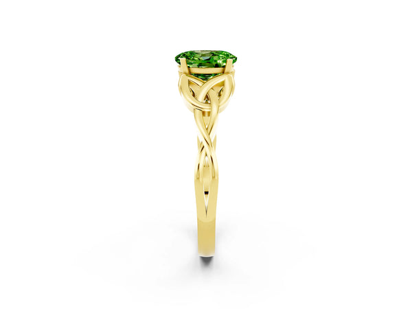 Yellow gold Oval Cut Peridot Solitaire Engagement Ring with Celtic Knot Band and Four-Prong Setting