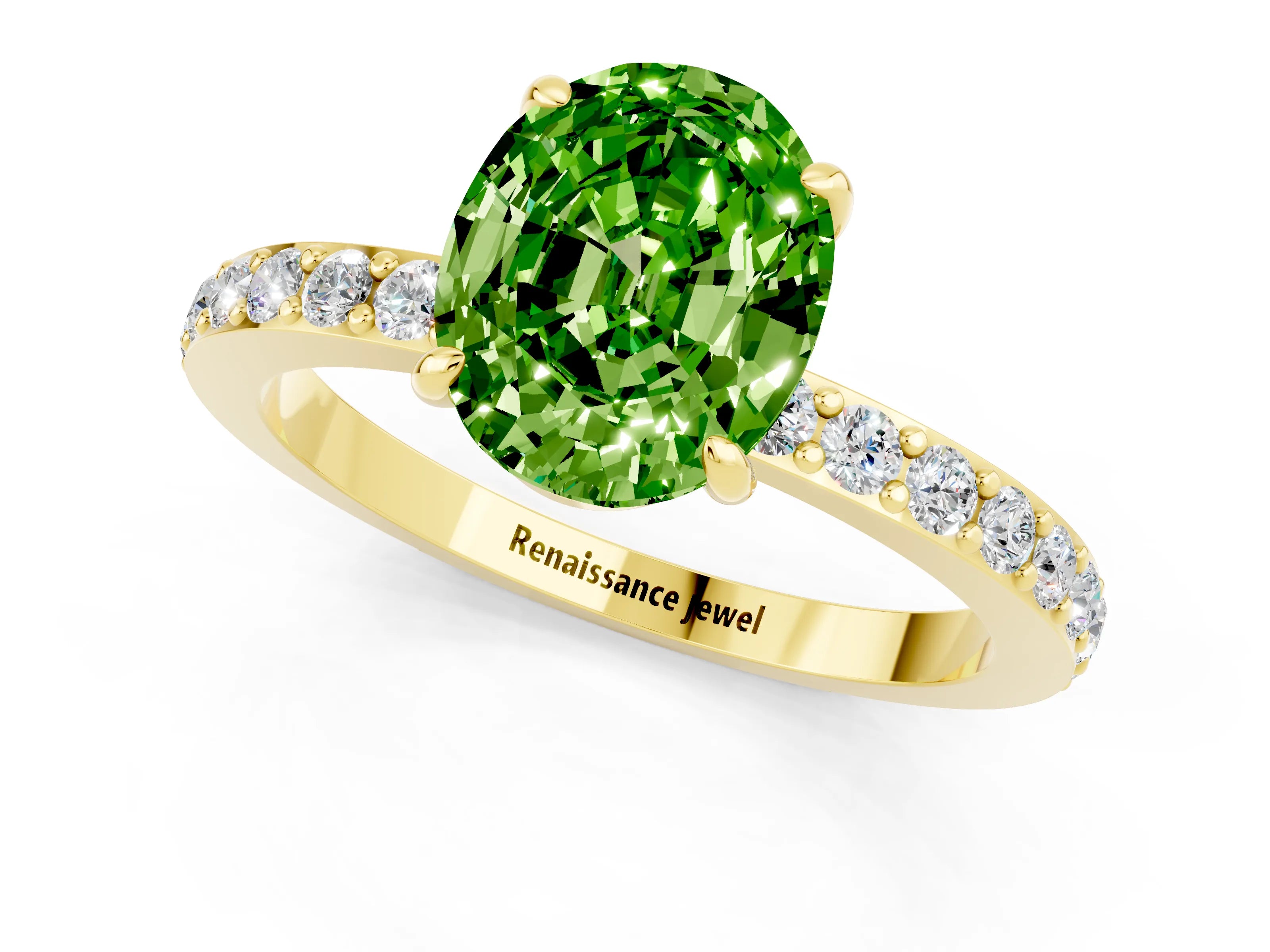 Yellow gold Oval Cut Peridot Solitaire Engagement Ring with Pavé Band and Four-Prong Setting_1