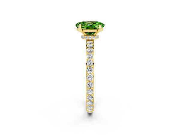 Yellow gold Oval Cut Peridot Solitaire Engagement Ring with Pavé Band and Four-Prong Setting