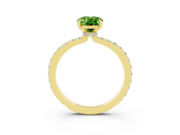 Yellow gold Oval Cut Peridot Solitaire Engagement Ring with Pavé Band and Four-Prong Setting