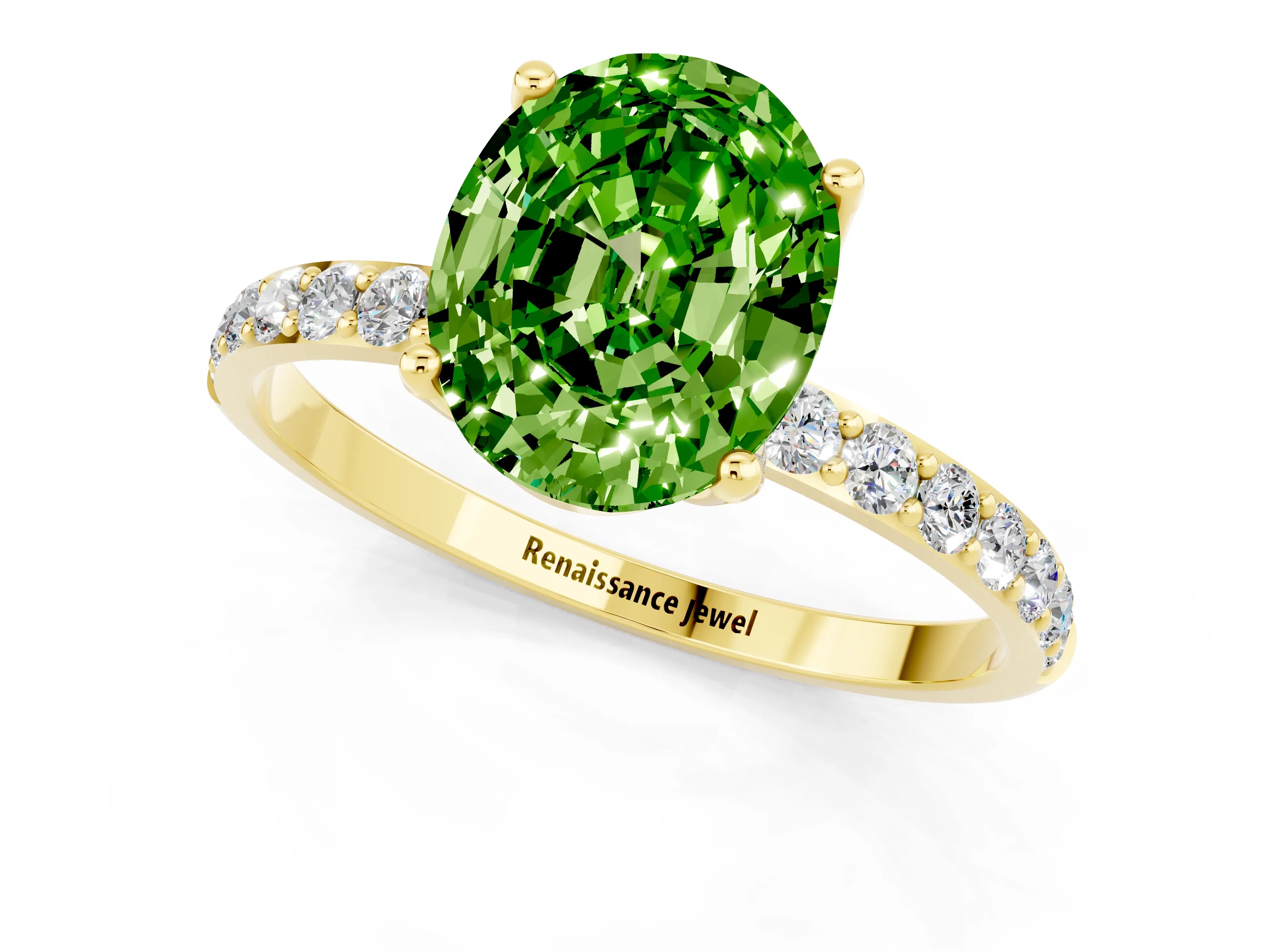 Yellow gold Oval Cut Peridot Solitaire Engagement Ring with Pavé Band and Prong Setting_1
