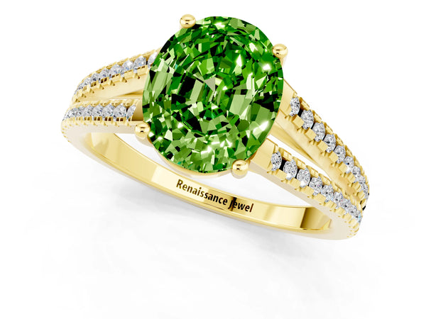 Yellow gold Oval Cut Peridot Solitaire Engagement Ring with Split Shank Pavé Band
