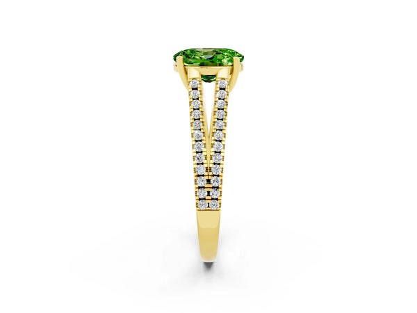 Yellow gold Oval Cut Peridot Solitaire Engagement Ring with Split Shank Pavé Band