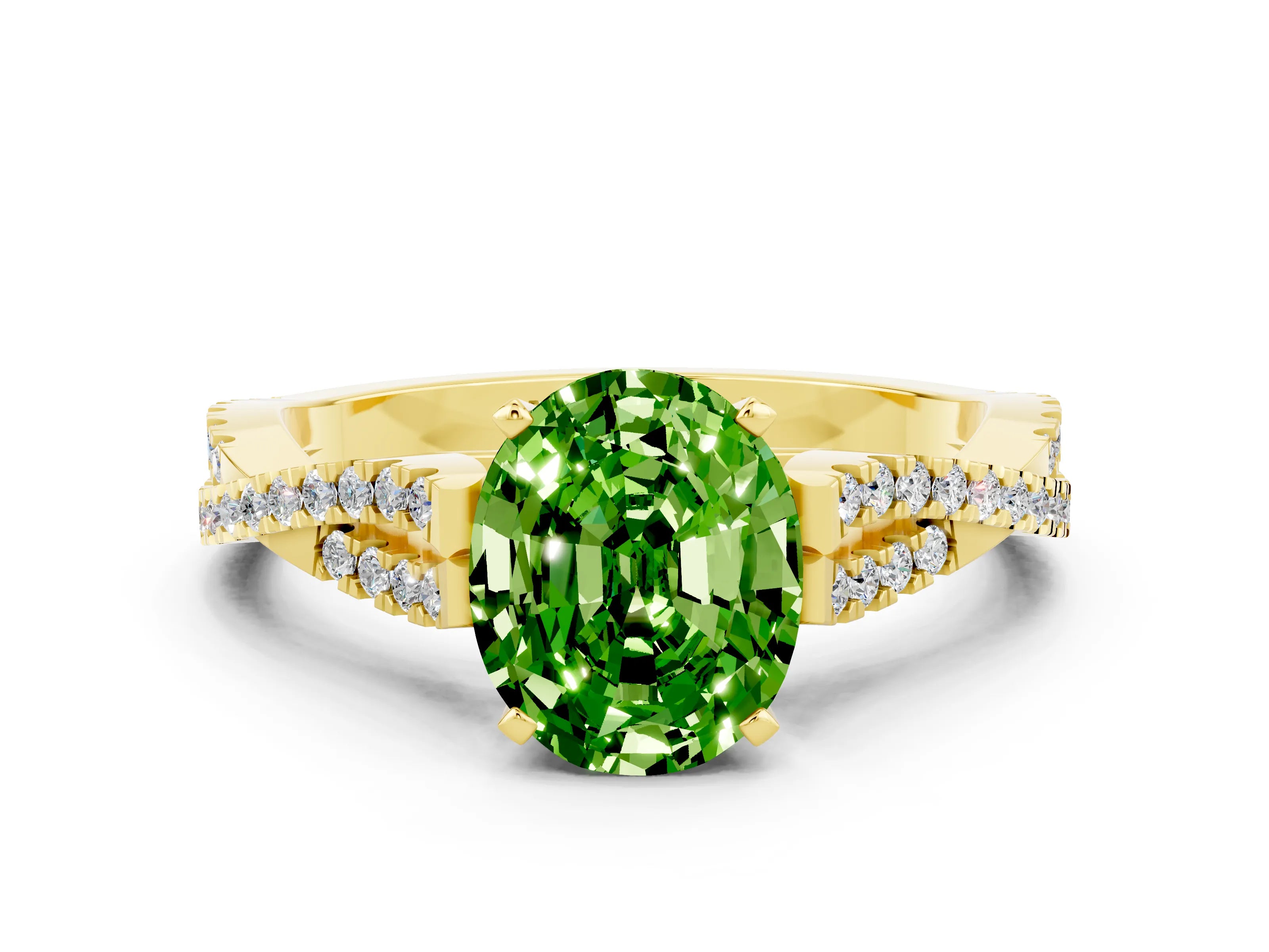 Yellow gold Oval Cut Peridot Solitaire Engagement Ring with Twisted Pavé Band and Four-Prong Setting