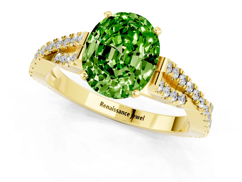 Yellow gold Oval Cut Peridot Solitaire Engagement Ring with Twisted Pavé Band and Four-Prong Setting_1