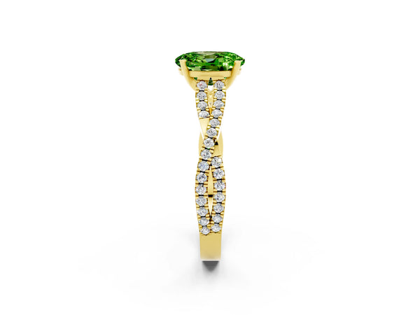Yellow gold Oval Cut Peridot Solitaire Engagement Ring with Twisted Pavé Band and Four-Prong Setting