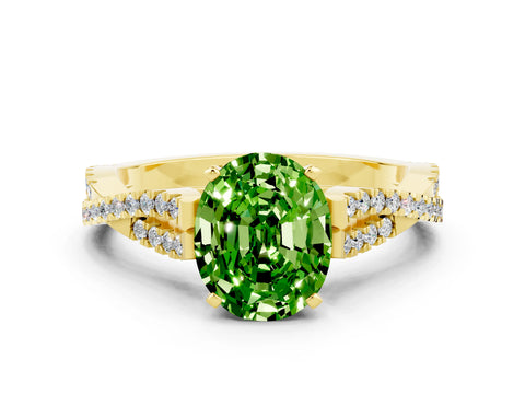 Yellow gold Oval Cut Peridot Solitaire Engagement Ring with Twisted Pavé Band and Four-Prong Setting