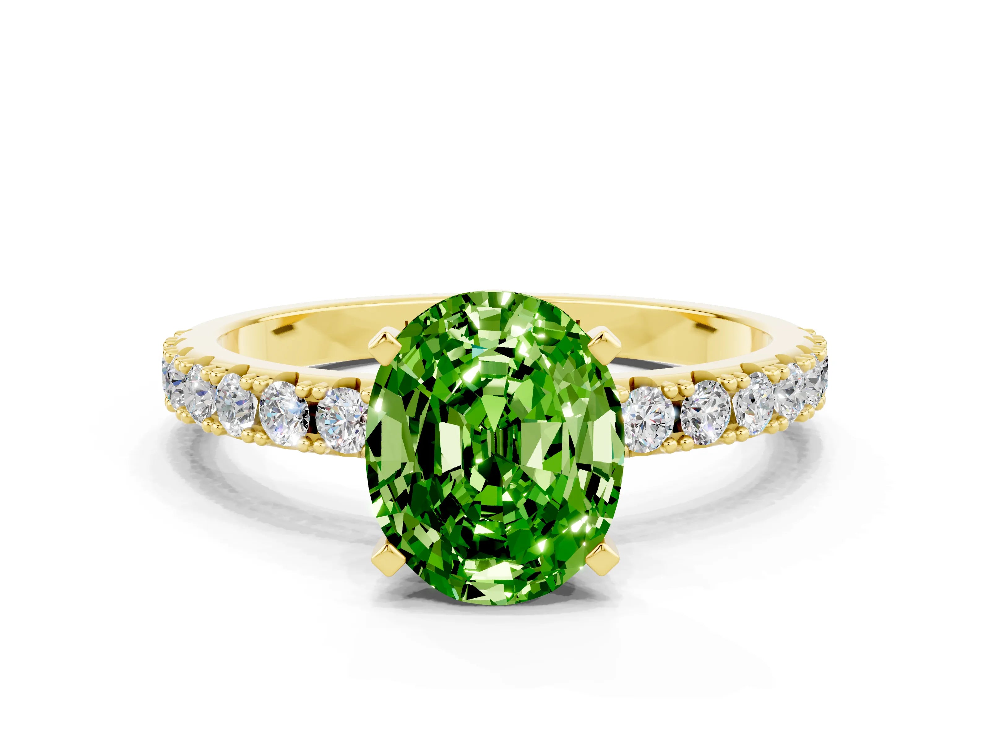 Yellow gold Oval Cut Peridot Solitaire Pavé Band with Four-Prong Setting