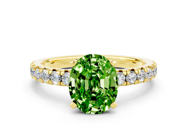 Yellow gold Oval Cut Peridot Solitaire Pavé Engagement Ring with Round Band and Prong Setting