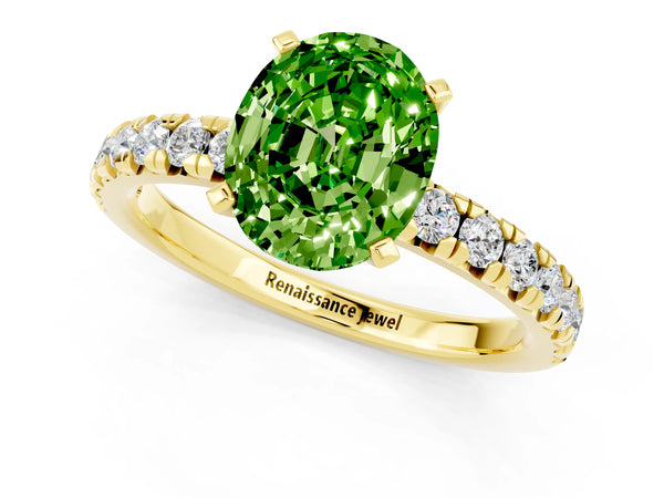 Yellow gold Oval Cut Peridot Solitaire Pavé Engagement Ring with Round Band and Prong Setting