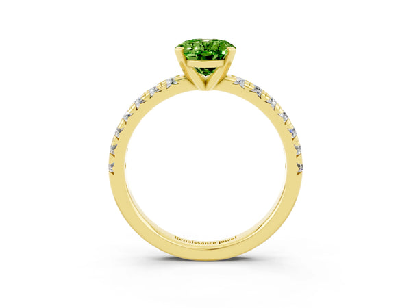 Yellow gold Oval Cut Peridot Solitaire Pavé Engagement Ring with Round Band and Prong Setting